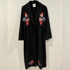 Fig & Viper Black Embroidered Floral Longline Faux Suede Boho Trench Coat Large